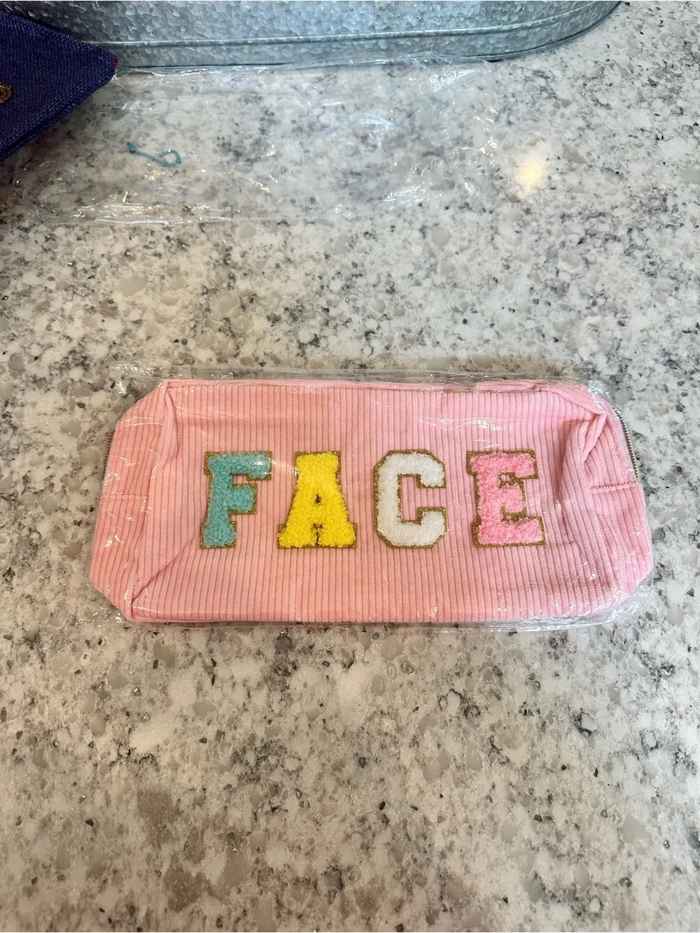 Pink Corduroy Cosmetic Pouch with 'FACE' Appliqué
